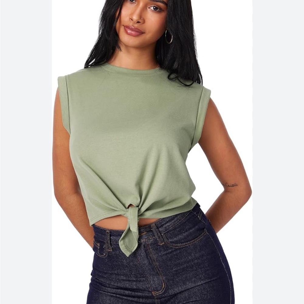 Cider Sage Green Knot-Front Sleeveless Crop Top SMALL